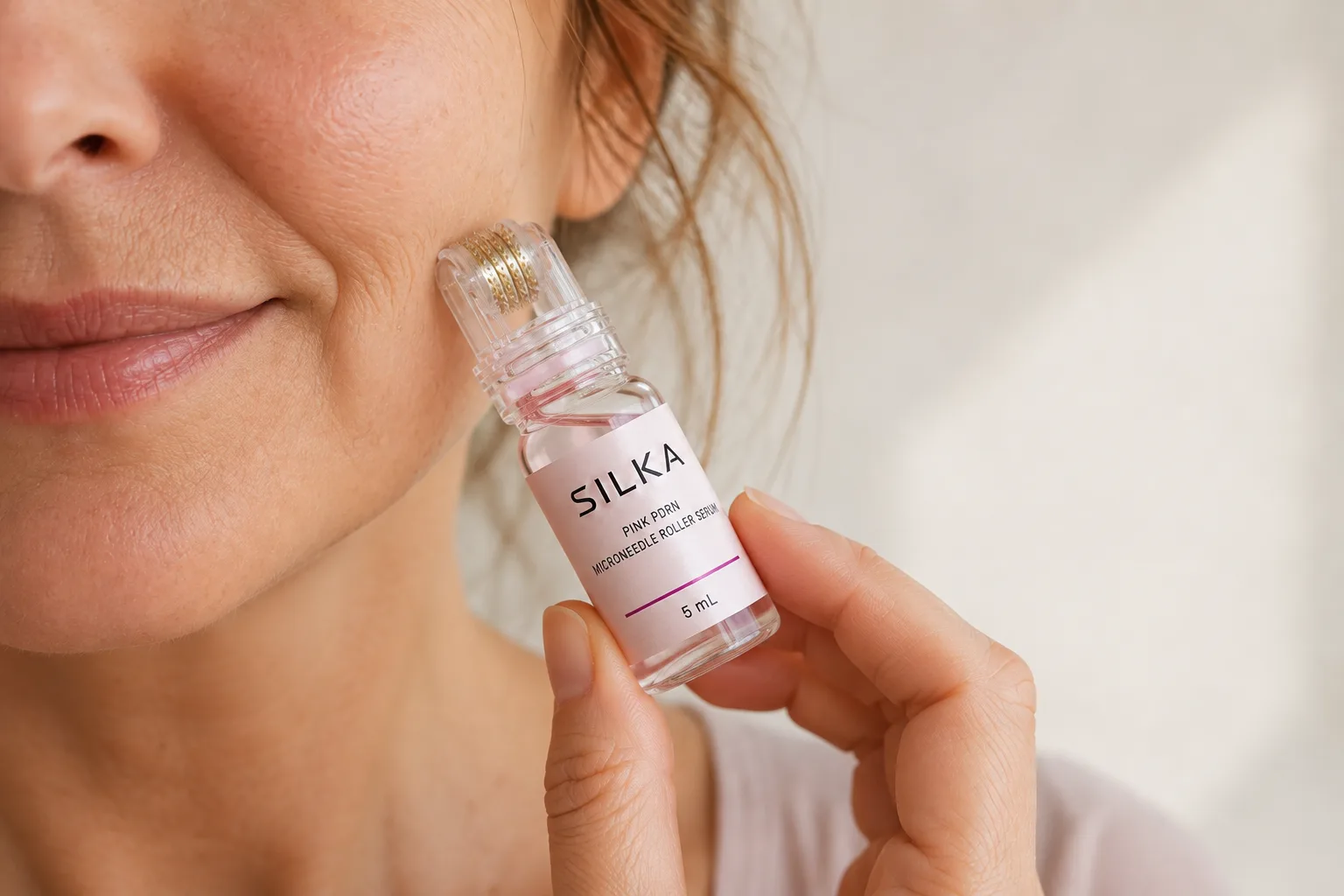 A woman holding the Silka Pink PDRN roller bottle against her cheek, the gold microneedle head on the skin