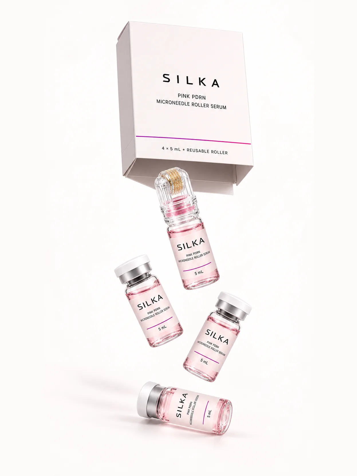 The Silka Pink PDRN carton with the roller and three ampoules falling from it