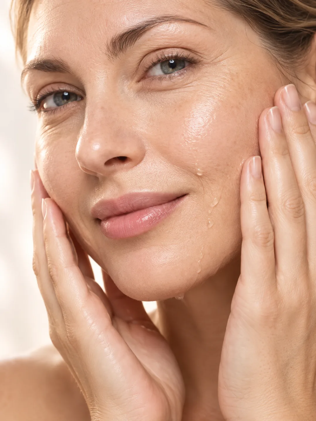 A woman resting both hands against her face, her skin still damp