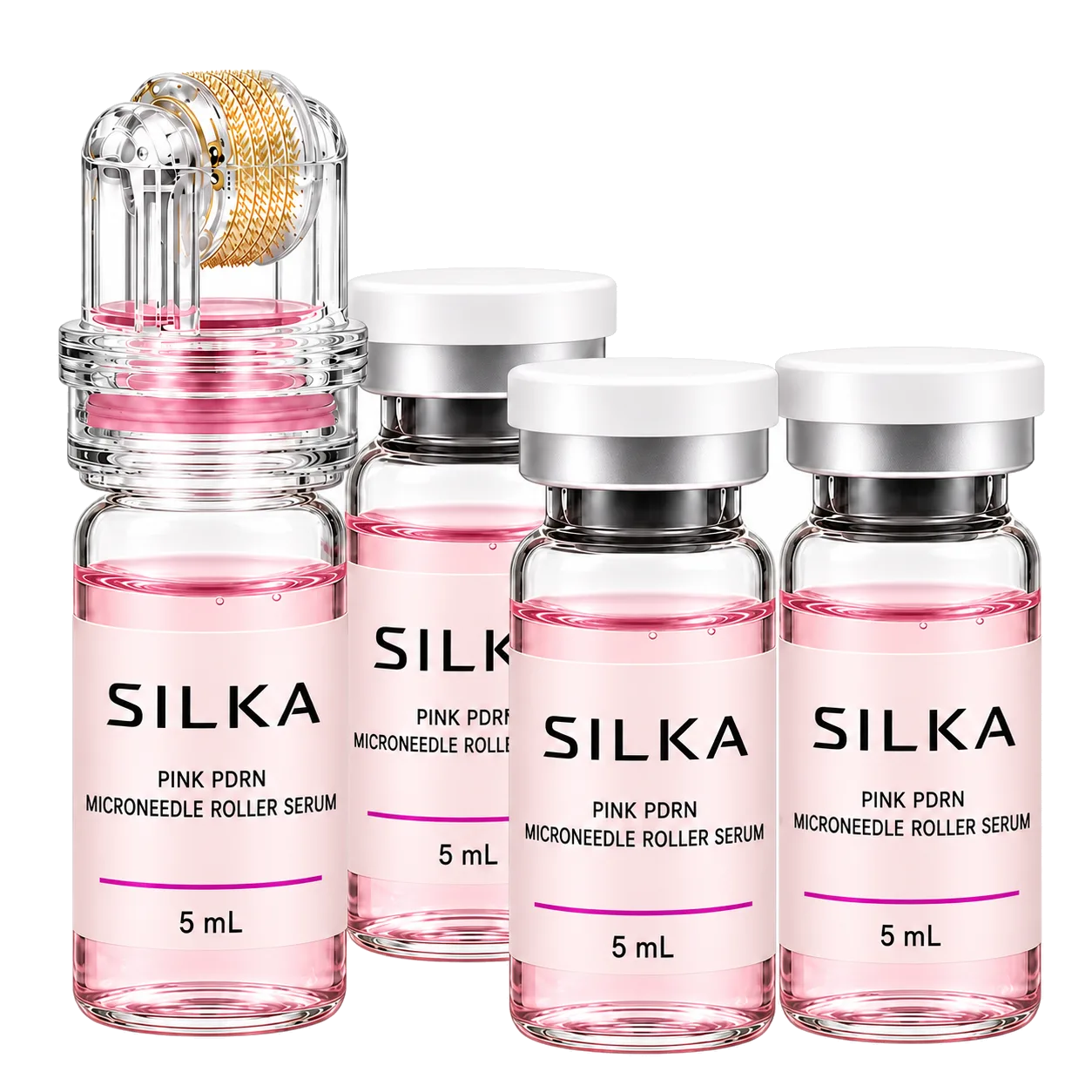 The Silka roller standing with three ampoules of serum